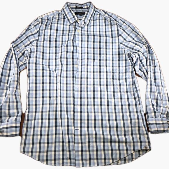 Banana Republic Shirt Men's Large Camden Fit Blue Gingham Plaid Non Iron Cotton - Picture 1 of 3